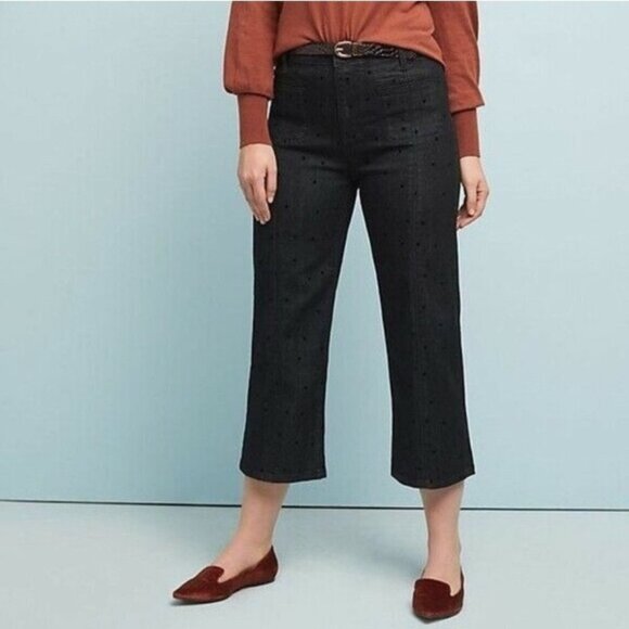 Anthropologie Pilcro Wide Leg Polka Dot Cropped Black Jeans NWOT - Picture 1 of 13